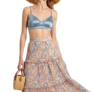 Vintage 70s boho cottagecore coral pink blue floral plisse tiered midi skirt